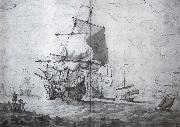 Monamy, Peter A two-decker man-o-war shortening sail seen from the port bow other craft lightly pencilled in the background oil painting